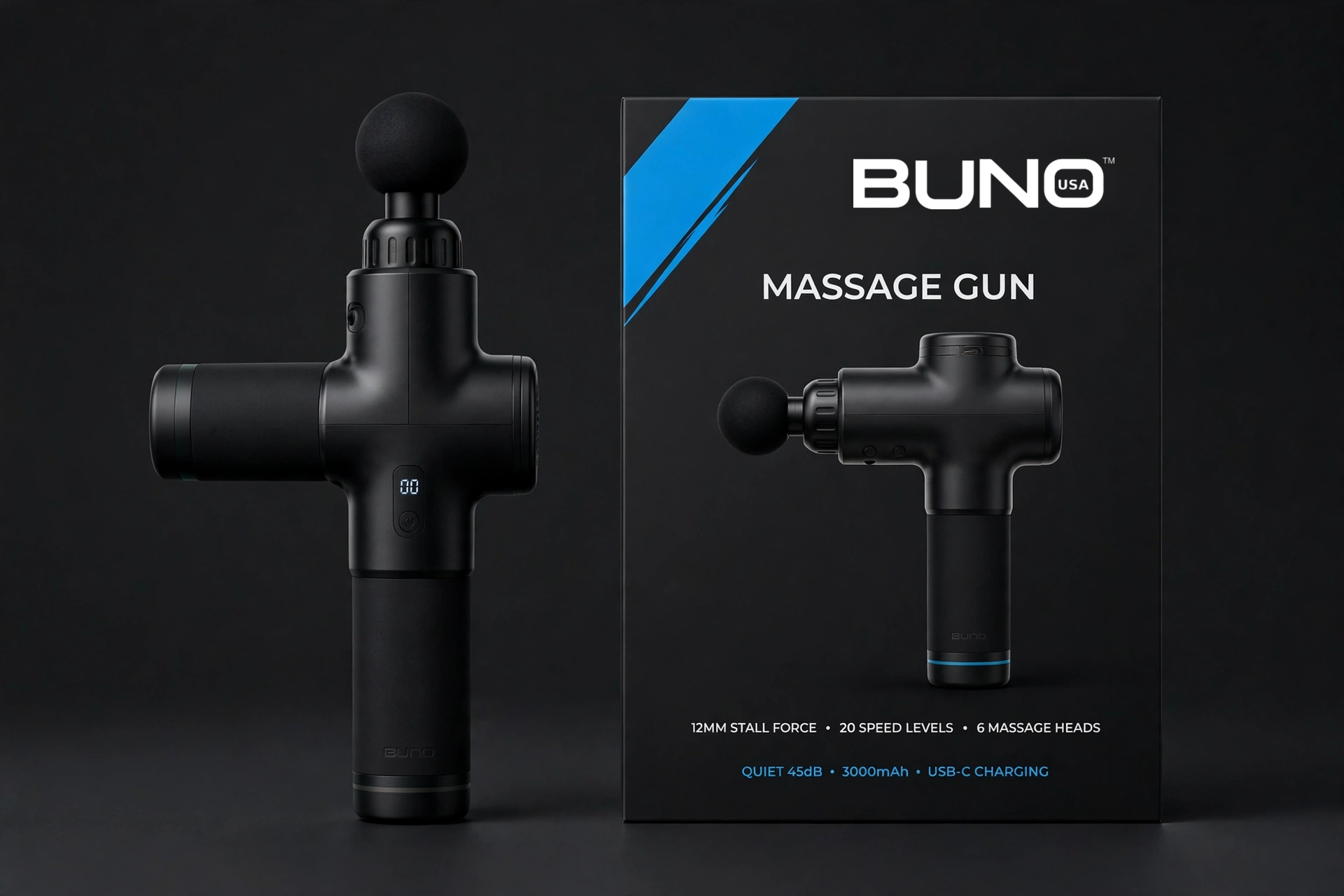 BUNO Massage Gun, BUNO product with its retail box